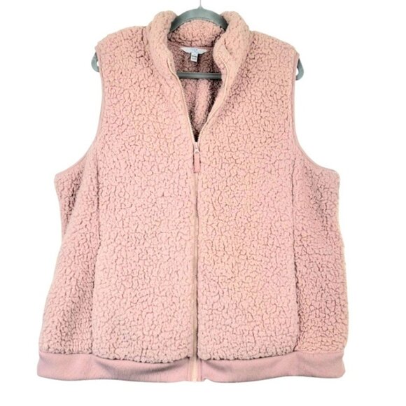 Womens plus 1X Time and Tru winter super cozy pink plush sherpa full zipper vest - Picture 2 of 12